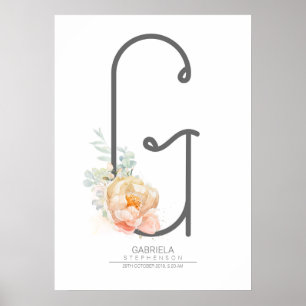 Poster Lettre G Monogramme Brosse Pêche Florale Décor