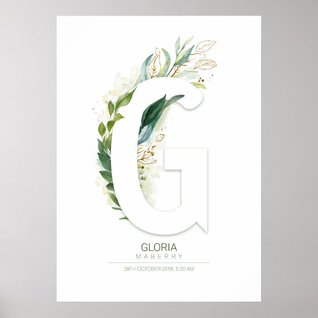 Poster Lettre G Monogramme Or Vert Feuillage Chic (Devant)