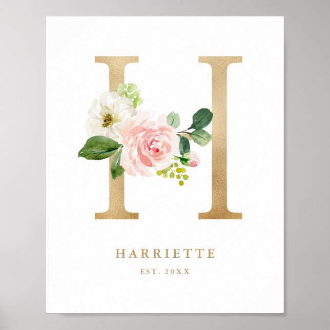 Poster Lettre H Blush Floral Monogram Gold Foil Nursery (Devant)