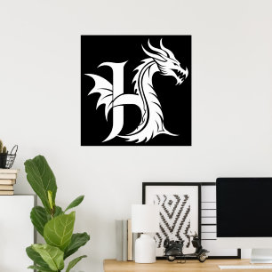Poster Lettre H de style dragon, alphabet du dragon, mono