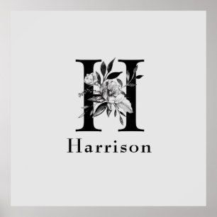Poster Lettre H floral gris et noir