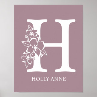 Poster Lettre H Floral Monogramme Nom Pépinière Moderne
