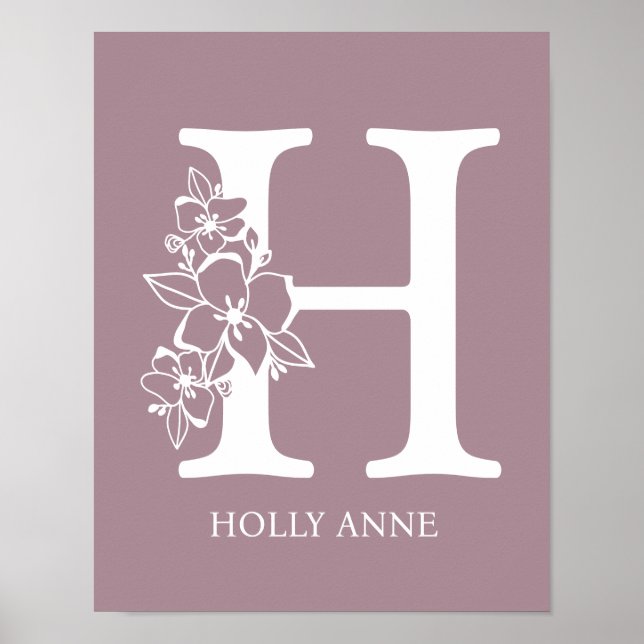 Poster Lettre H Floral Monogramme Nom Pépinière Moderne (Devant)