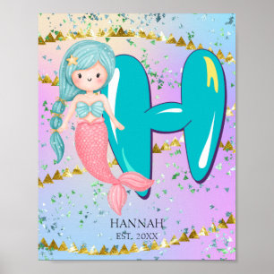 Poster Lettre H Monogramme Aquarelle mignonne Sirène