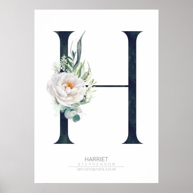 Poster Lettre H Monogramme Fleurs blanches et verdure (Devant)