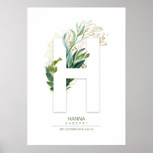 Poster Lettre H Monogramme Or Vert Feuillage Chic