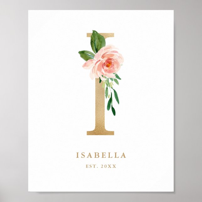 Poster Lettre I Blush Floral Monogram Gold Foil Nursery (Devant)