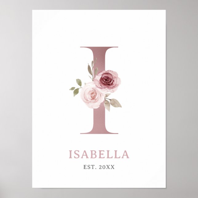 Poster Lettre I Monogramme Aquarelle Rose Florals Nursery (Devant)