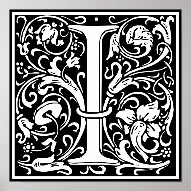 Poster Lettre I Monogramme médiéval Art Nouveau (Devant)