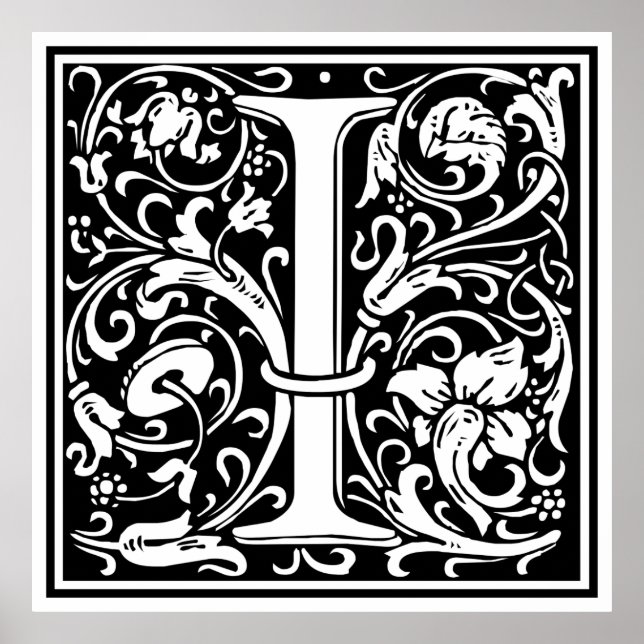Poster Lettre I Monogramme médiéval Art Nouveau (Devant)