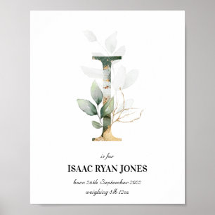 Poster Lettre I Nouveau bébé Monogramme Naissance Imprime