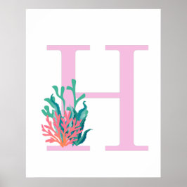 Poster Lettre Initiale Monogramme H Rose Sarcelle Corail 