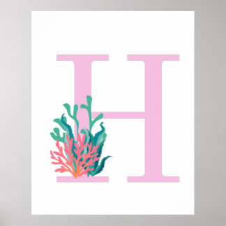 Poster Lettre Initiale Monogramme H Rose Sarcelle Corail 