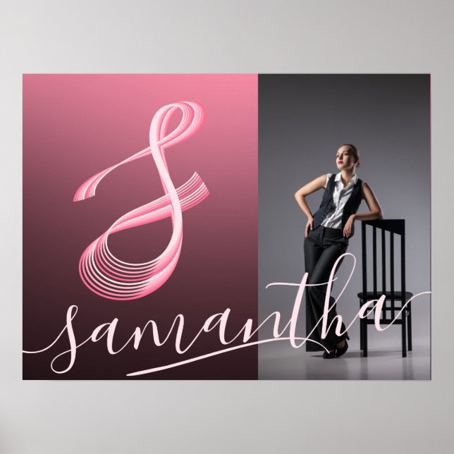 Poster Lettre initiale Pink Script Nom photo Monogramme (Devant)