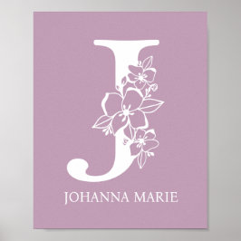 Poster Lettre J Floral Monogramme Nom Nursery Moderne
