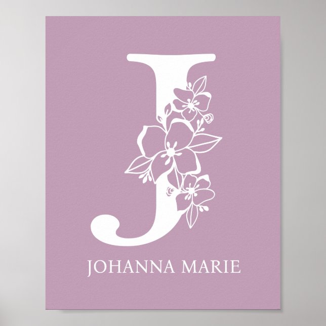 Poster Lettre J Floral Monogramme Nom Nursery Moderne (Devant)