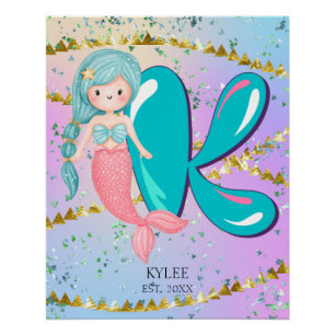 Poster Lettre K Monogramme Aquarelle mignonne Sirène