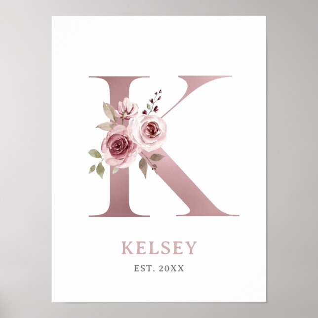 Poster Lettre K Monogramme Aquarelle Rose Florals Nursery (Devant)