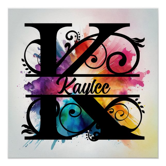 Poster Lettre 'K', Monogramme arc-en-ciel lumineux, Nom d (Devant)