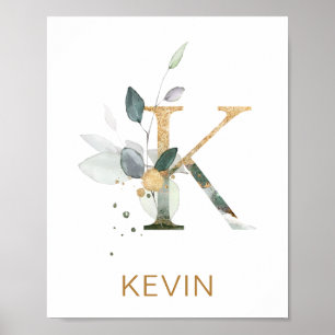 Poster Lettre K Monogramme Feuillage vert et or Pépinière