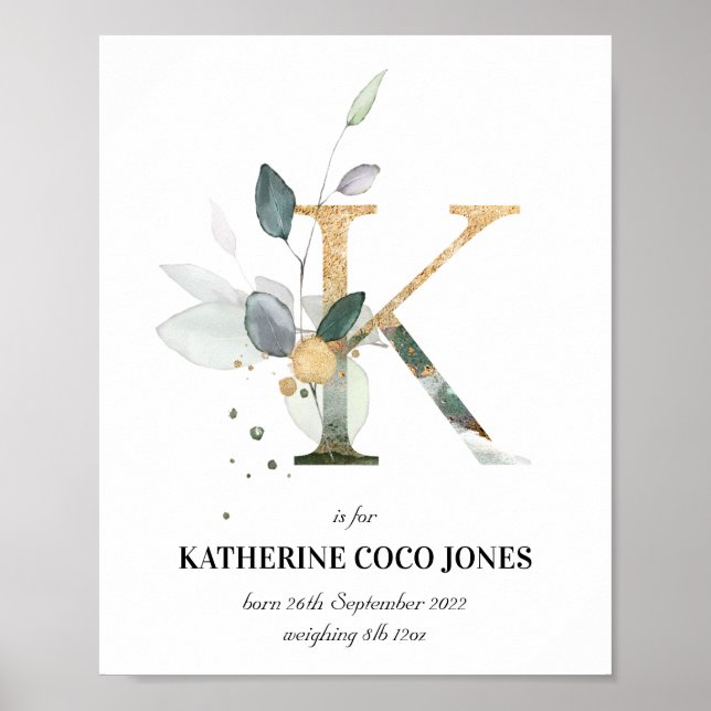 Poster Lettre K Nouveau bébé Monogramme Naissance Imprime (Devant)