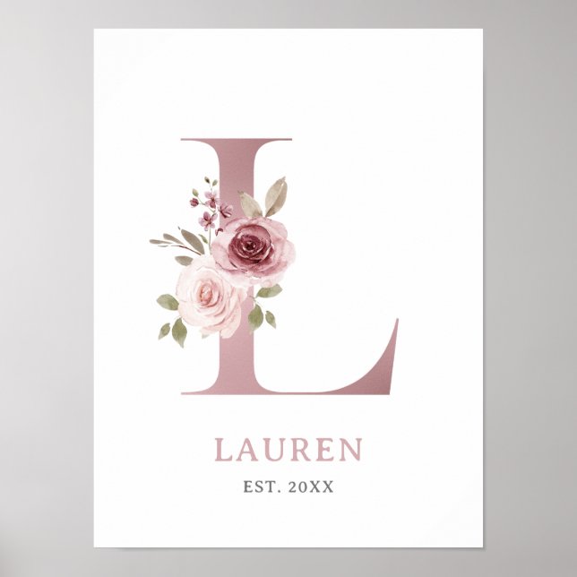 Poster Lettre L Monogram Aquarelle Rose Florals Nursery (Devant)