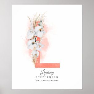 Poster Lettre L Orchidées blanches Monogrammes et laiton 