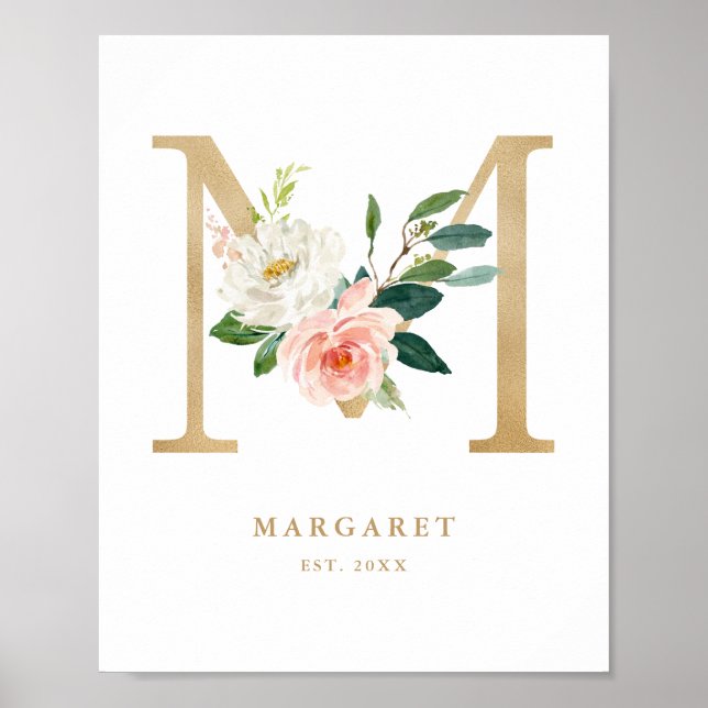 Poster Lettre M Blush Floral Monogram Gold Foil Nursery (Devant)