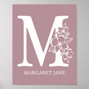 Poster Lettre M Floral Monogramme Nom Pépinière Moderne