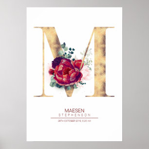 Poster Lettre M Monogram Floral Bourgogne Rouge et or