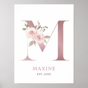 Poster Lettre M Monogramme Aquarelle Rose Florals Nursery