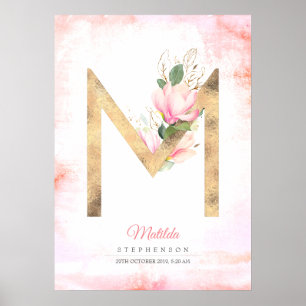 Poster Lettre M Monogramme Feuille d'or rose Magnolia Flo