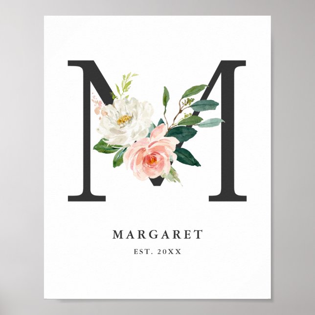 Poster Lettre M Monogramme Peach Florals Peach Nursery (Devant)