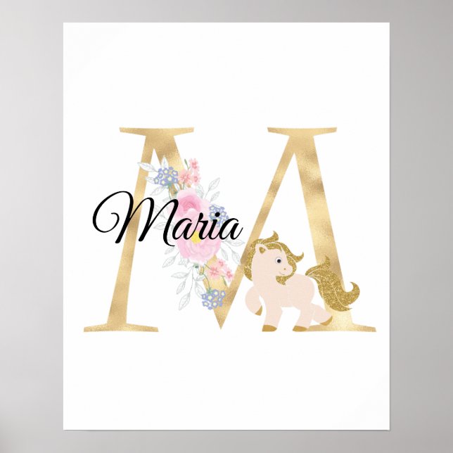Poster Lettre M personnalisée monogramme avec poney (Devant)
