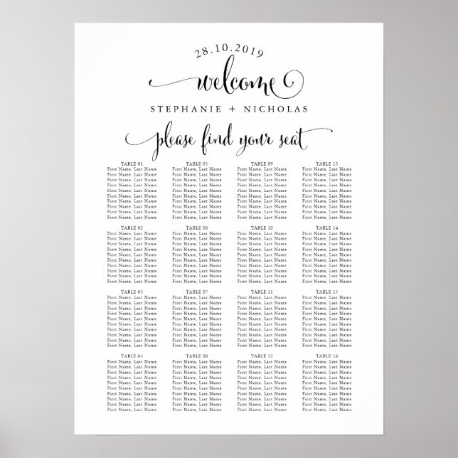 Poster Lettre main Welcome Chic Mariage Sein Chart (Devant)