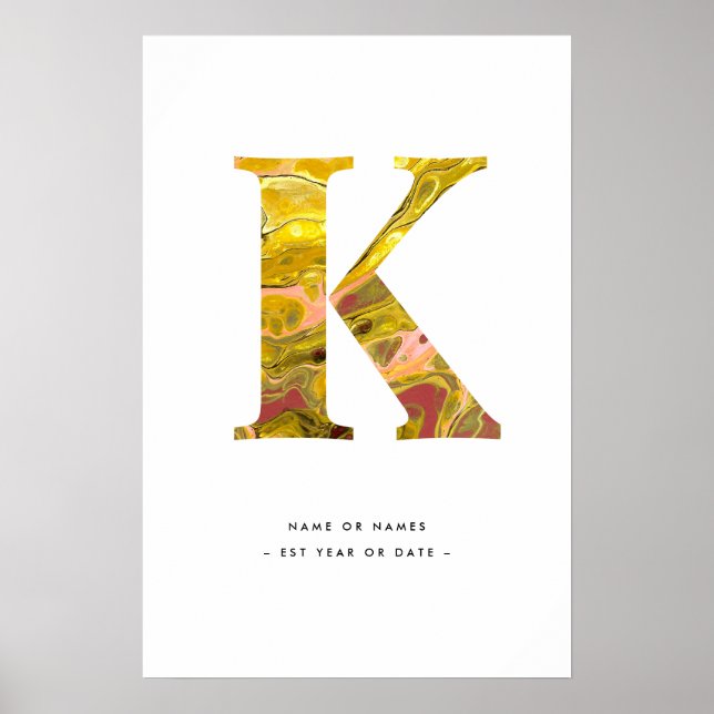 POSTER LETTRE MARBRE JAUNE K INITIALE ART PERSONNALISÉ (Devant)