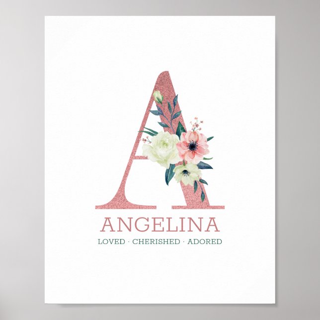 Poster Lettre monogramme A Aquarelle rose Florale Nursery (Devant)