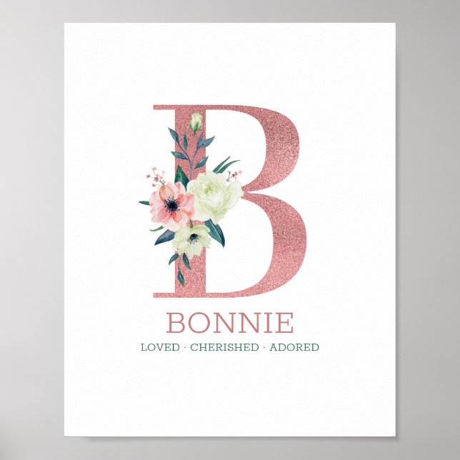 Poster Lettre monogramme B Aquarelle rose Floral Nursery (Devant)