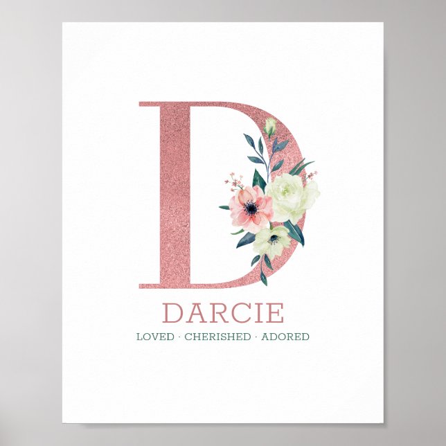 Poster Lettre monogramme D Aquarelle rose Floral Nursery (Devant)