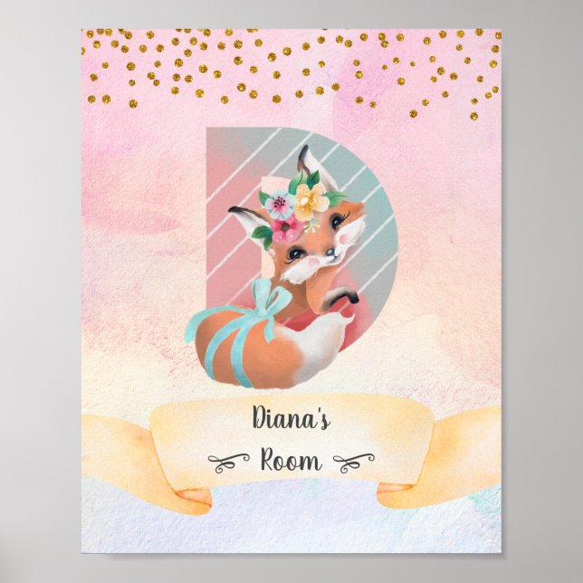 Poster Lettre monogramme D Baby Fox Girl Rose Nursery Dec (Devant)