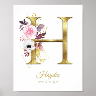 Poster Lettre monogramme H Pétrole or & Pépinière rose fl