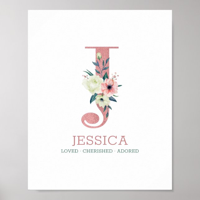 Poster Lettre monogramme J Aquarelle rose Floral Nursery (Devant)