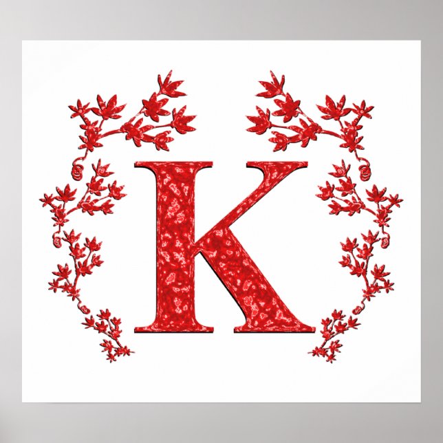 Poster Lettre monogramme K Feuilles rouges (Devant)