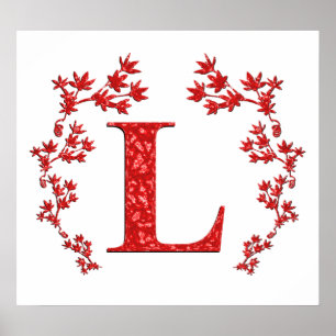 Poster Lettre monogramme L Feuilles rouges