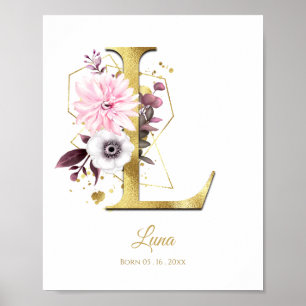 Poster Lettre monogramme L Pétrole or et pépinière rose f