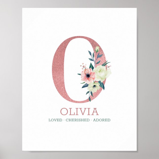 Poster Lettre monogramme O Aquarelle rose Pépinière flora (Devant)