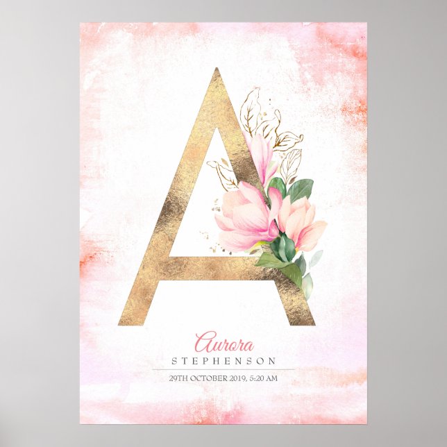 Poster Lettre Monogramme Or Feuilles Magnolia Rose Floral (Devant)
