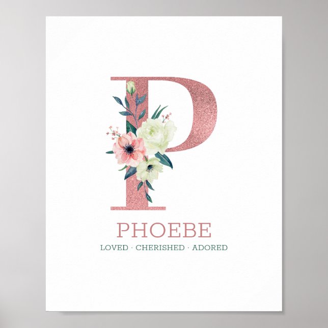 Poster Lettre monogramme P Aquarelle rose Floral Nursery (Devant)
