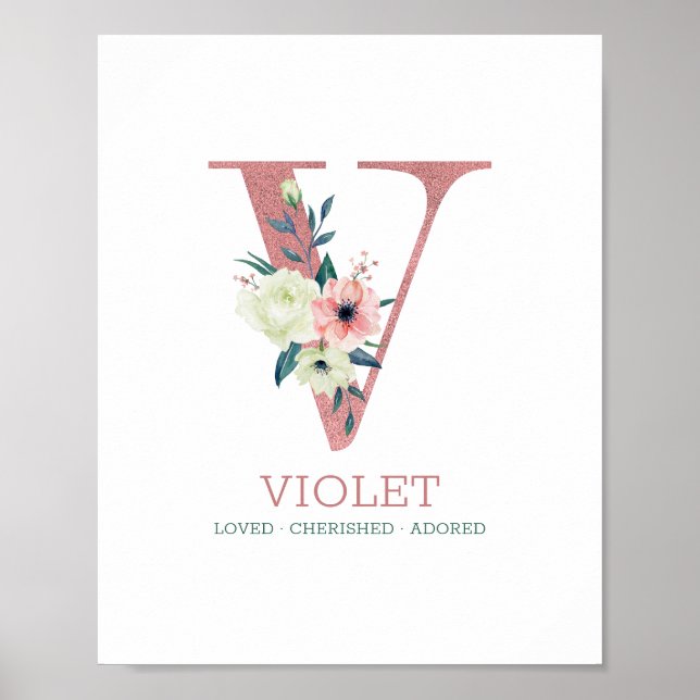 Poster Lettre monogramme V Aquarelle rose Floral Nursery (Devant)