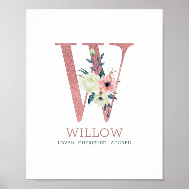 Poster Lettre monogramme W Pink Aquarelle Florale Nursery (Devant)